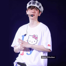 韩国小众凯蒂猫短袖圆领宽松字母印花边伯贤同款T恤男女情侣ins潮