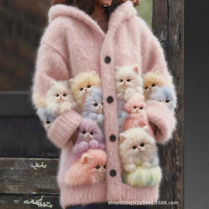 Cross-Border Export Amazon Independent Station New Cat Animal 3D Printed Casual Hooded Cloak Jacket Cardigan Cross-Border Export Amazon Independent Station New Cat Animal 3D Printed Casual Hooded Cloak Jacket Cardigan