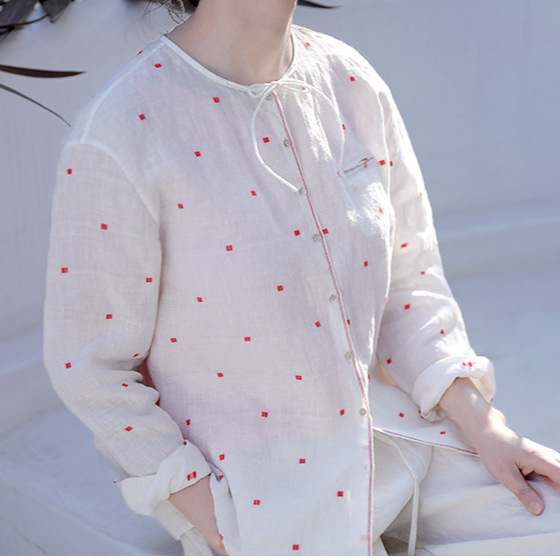 2025 Summer Clear White Linen Red Small Cut Round Neck Lace-Up Single-Breasted Shirt Sun Protection Clothing