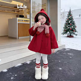 女童外套冬装2025新款儿童加厚圣诞红色女孩新年加厚呢子大衣