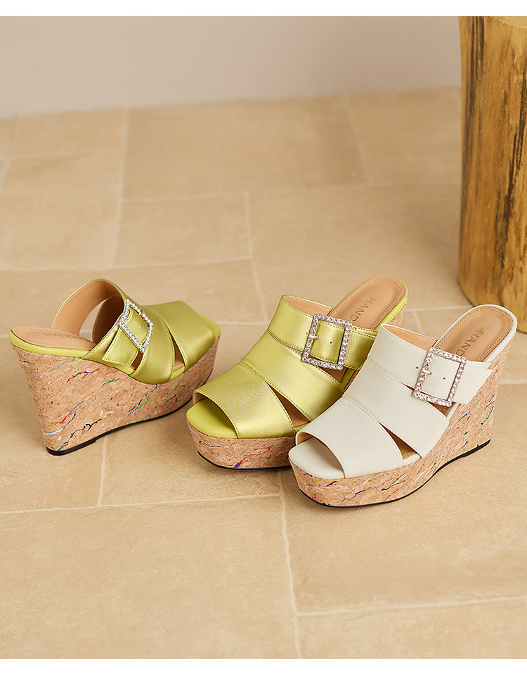 Dép sandal nữ quai ngang đế xuồng cao gót 9 cm, mũi hở, chất liệu satin mềm mại — Xanh lúa mạch, màu trắng ngà chi tiết 21