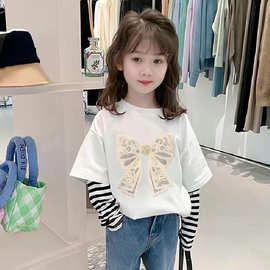 G2366#长袖纯棉女童春秋t恤2025新款儿童洋气女宝宝秋季假两件潮