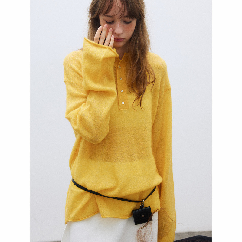 【Dai He】Autumn New Casual Skin-Friendly Mohair Henley Collar Solid Color Sheer Knit Pullover H9471 【Dai He】Autumn New Casual Skin-Friendly Mohair Henley Collar Solid Color Sheer Knit Pullover H9471
