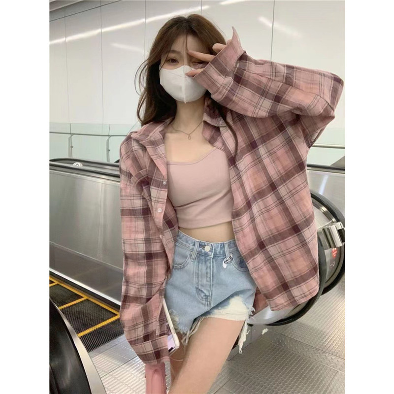 Pink plaid shirt coat for women Spring and Autumn large size loose polo collar long sleeve top mid-length sun protection shirt summer