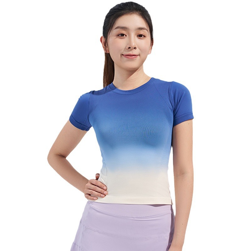 Verano nuevo deporte frío gradiente al aire libre yoga acondicionamiento físico mangas cortas delgado running overhead camiseta