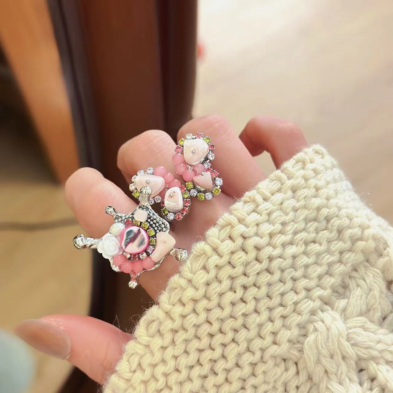 新中式冰紋碎石花朵蝴蝶戒指女辣妹亞文化飾品甜酷國潮食指戒配飾