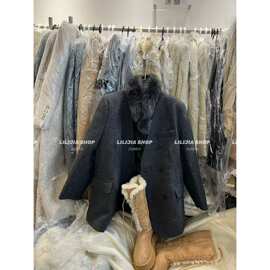 广州十三行冬季新款时尚双排扣V领真毛领宽松小众羽绒西装外套