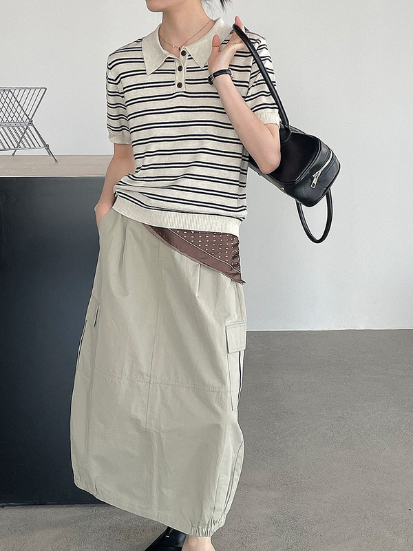 滔川   复古条纹翻领条纹针织短袖女休闲POLO领上衣YL527|undefined