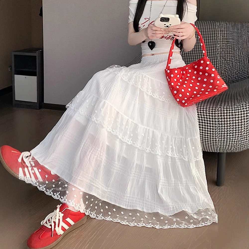 White Pleated Cake Skirt for Women in Summer, High-Waisted, Slim and Drapey Lace Umbrella Skirt, Large Hem Long Skirt, Versatile