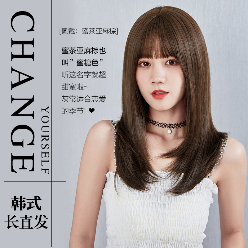 Wig Women's Long Hair Natural Full Head Cover Realistic Long Straight Hair Korean Style Air Bangs Natural Fluffy Inner Buckle Medium Long Hair Wig Women's Long Hair Natural Full Head Cover Realistic Long Straight Hair Korean Style Air Bangs Natural Fluffy Inner Buckle Medium Long Hair