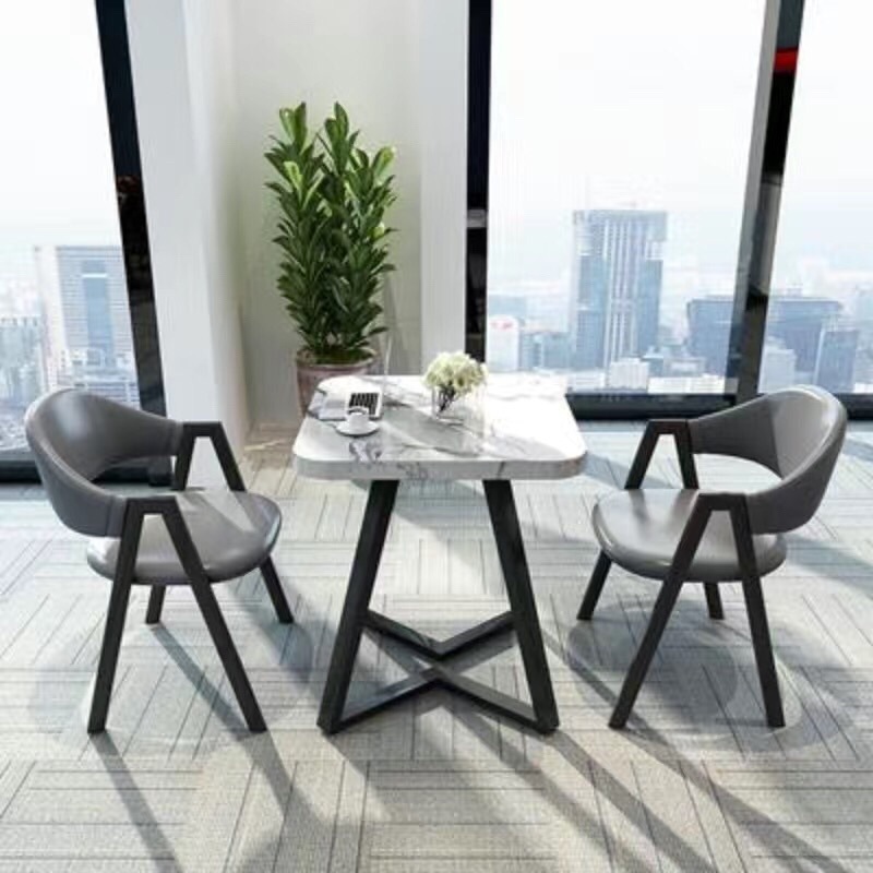 두꺼운 V다리의 인조대리석 사각테이블 - 다크그레이 가죽