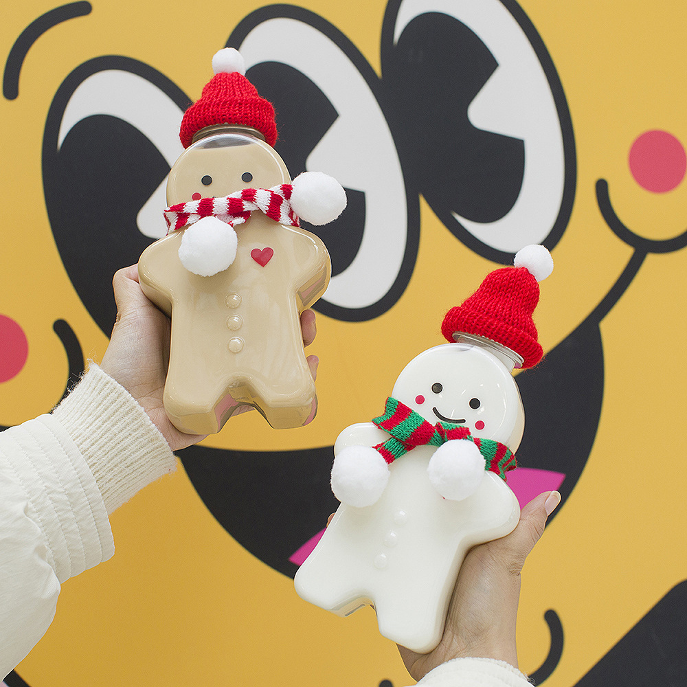 厂家批发圣诞节装饰姜饼人瓶子 网红奶茶瓶 pet透明塑料瓶 果汁杯