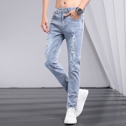 Summer and Spring Thin Slim Fit Men's Straight Leg Korean Style Trendy Branded Light Color Versatile Hole Relaxed Pants Three-quarter Length