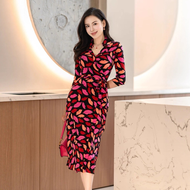 Dvf Summer Silk Dress Zhang Liangying V-Neck One-Piece Red Lip Slimming Elegant Wrap Dress Floral Print