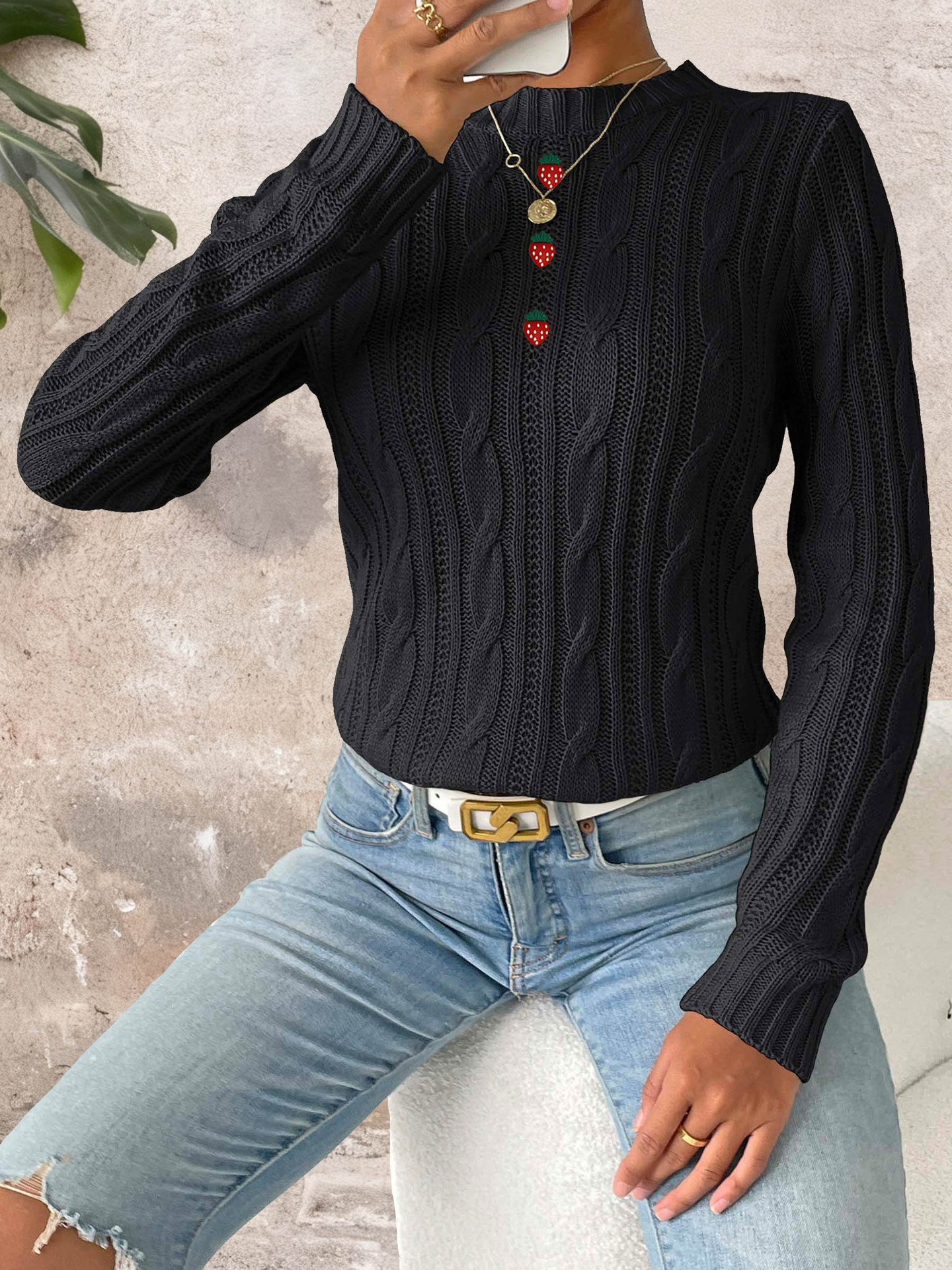 Bow Patchwork Round Neck Pullover Simple Bottoming Woven Sweater 23 Bow Patchwork Round Neck Pullover Simple Bottoming Woven Sweater