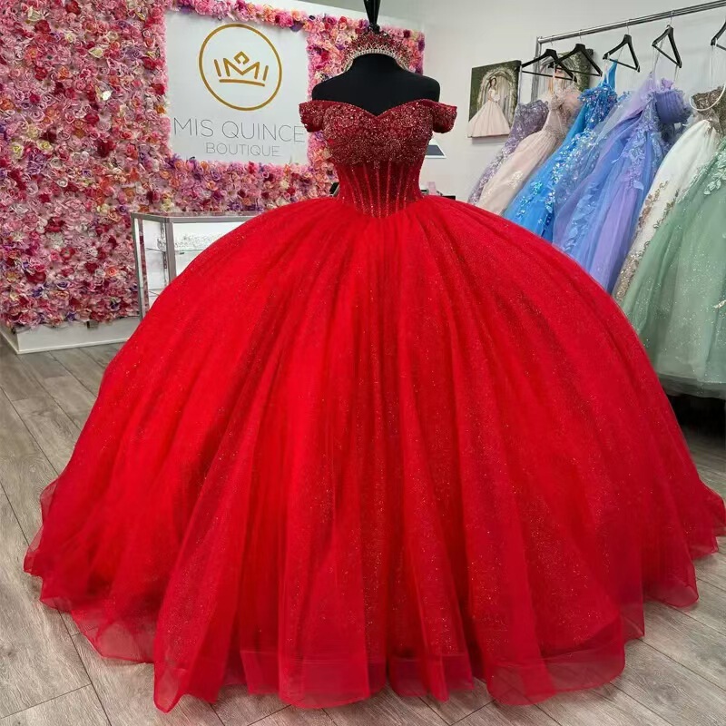 European and American Style Colorful Tulle 2026 New Red Runaway Princess Dress Wedding Dress Off-Shoulder Puffy Skirt Ball Gown Evening Dress