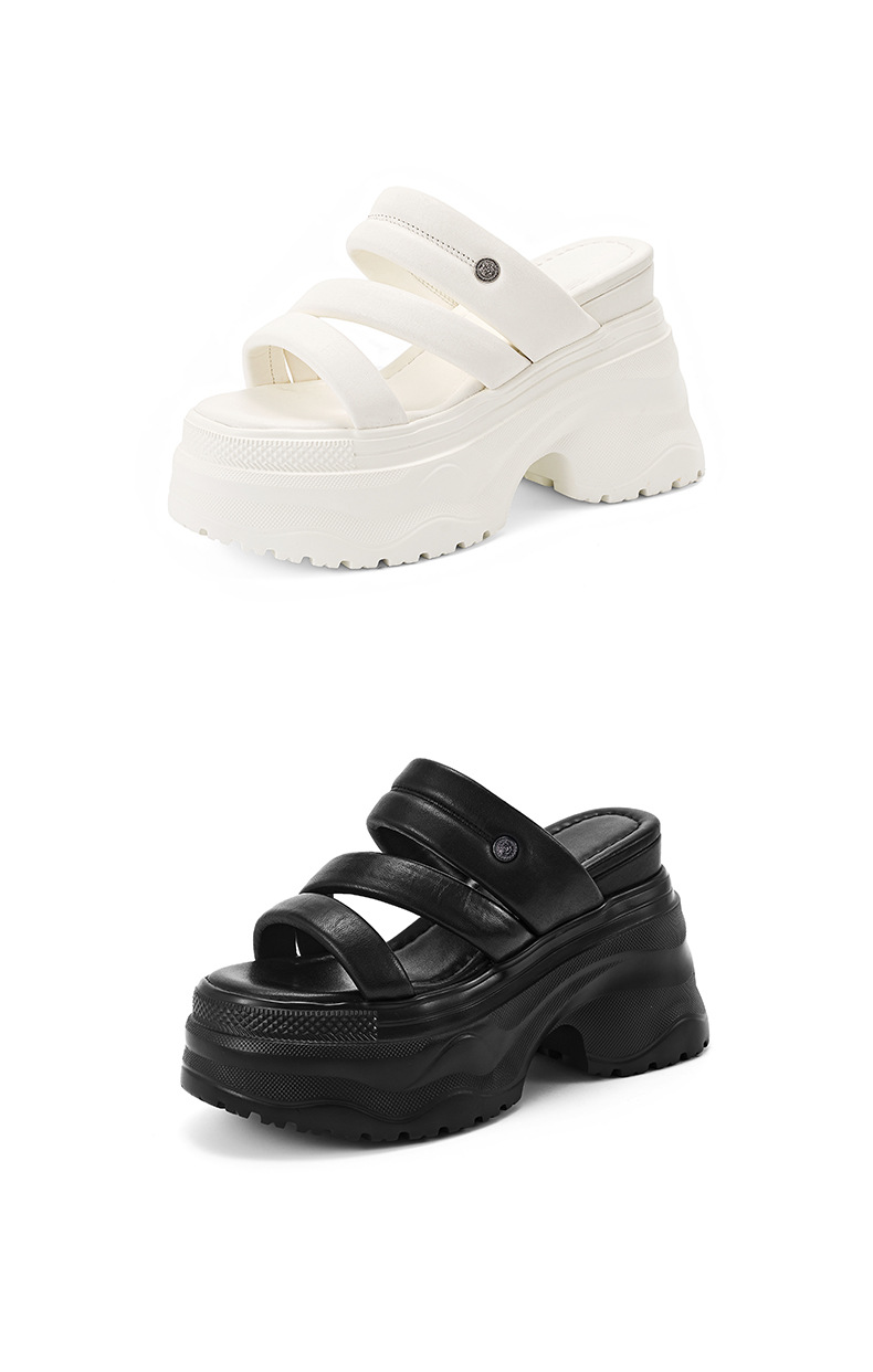 Dép sandal nữ quai chữ V đế dày da thật mùa hè, tăng chiều cao, xỏ ngón tiện lợi — màu đen, Trắng kem- chi tiết 14