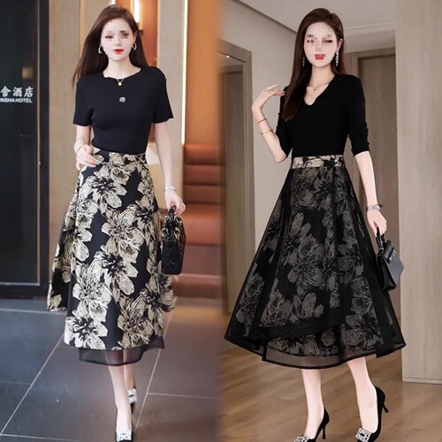 Temperament double-sided floral skirt women's clothes 2025 new spring and summer high-waist slimming a-line skirt package hip skirt