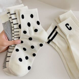 White Striped Socks Children's Autumn C Letter Wave Dot Mid-length Socks Ins Japanese and Korean Fashion Brand Women's Socks Casual Zhuji Socks