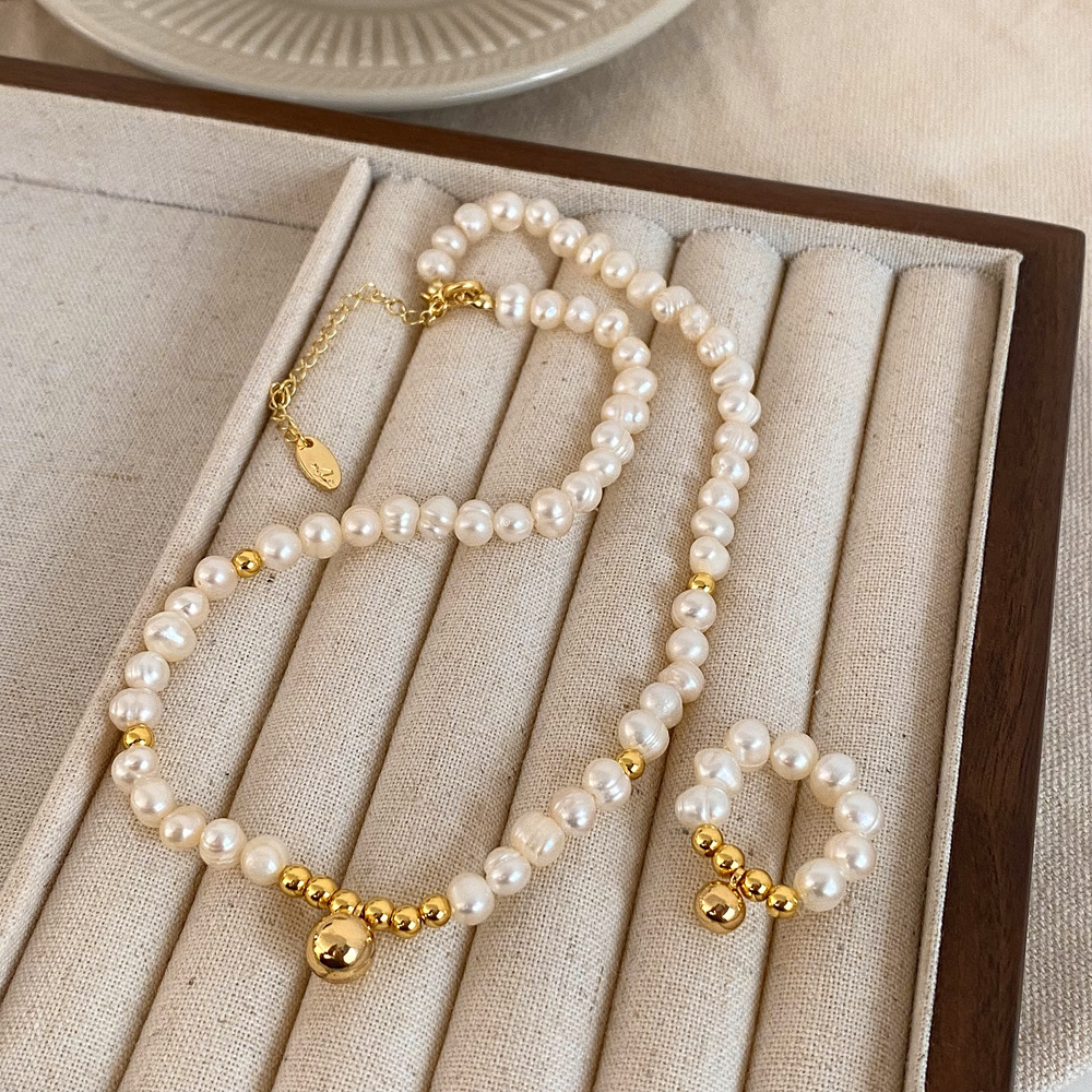 Street Occasion Freshwater Pearl, Copper Material Classic Style Round Freshwater Pearl Copper Plating Gold Plated Rings Bracelets Necklace