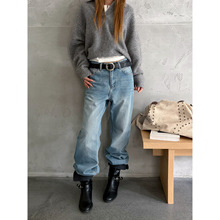 ICC 简约水洗直筒裤抓绒显瘦无弹牛仔裤子女靴裤广州十三行10553