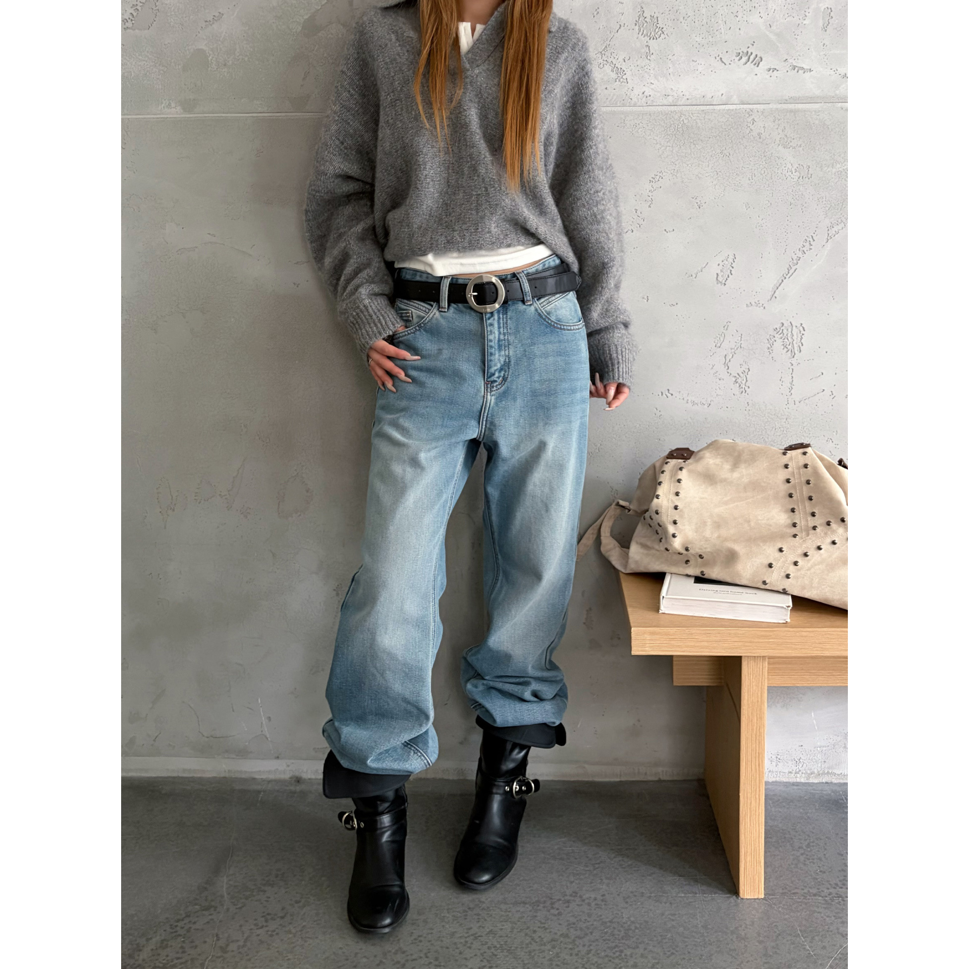 ICC 简约水洗直筒裤抓绒显瘦无弹牛仔裤子女靴裤广州十三行10553