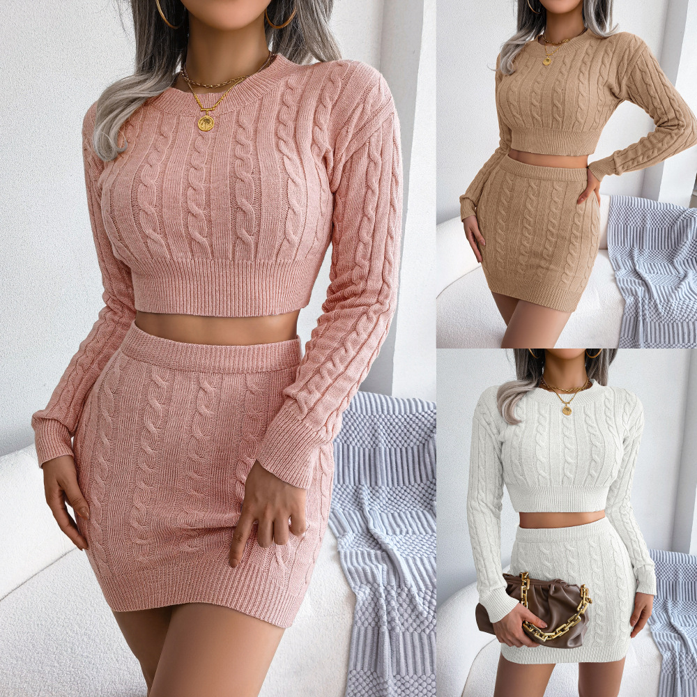 Strick-set Mit Kurzem Pullover Und Engem Rock Für Damen_voghion.com