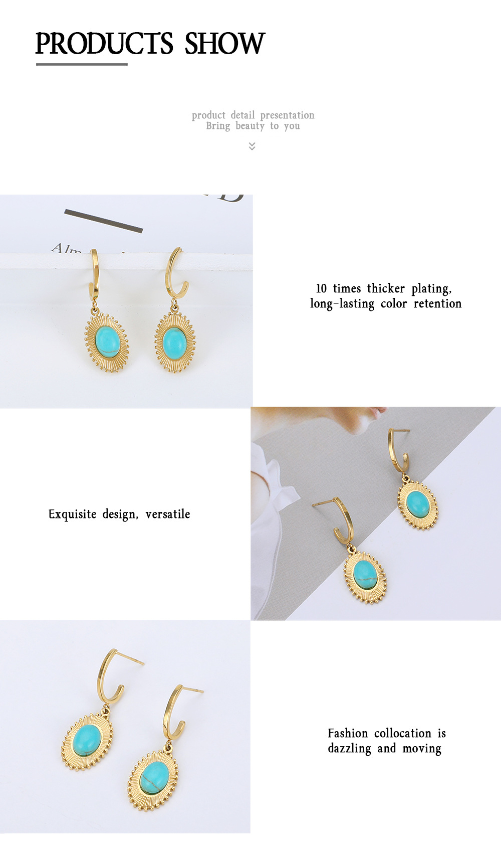 Wholesale Fashion Oval Sunflower Stainless Steel Inlaid Turquoise Earrings Nihaojewelry display picture 3