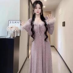 大码胖mm法式气质拼接毛毛长袖连衣裙女秋冬针织打底连衣裙200斤