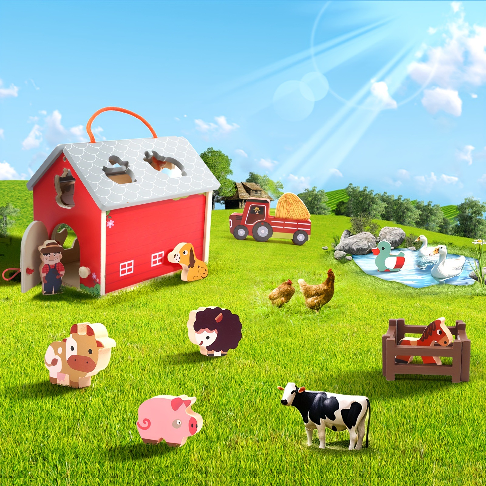 Granja de madera Wooden Animals Farm Barn Toy Kit Sorting Stacking