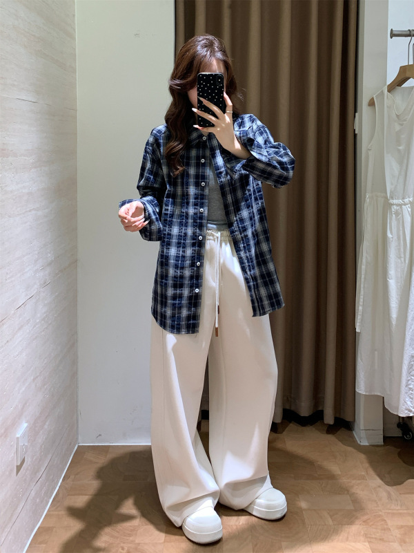 朵妮 DN红人店同款！美式复古松弛感翻领水洗纯棉格纹长袖衬衫女|undefined