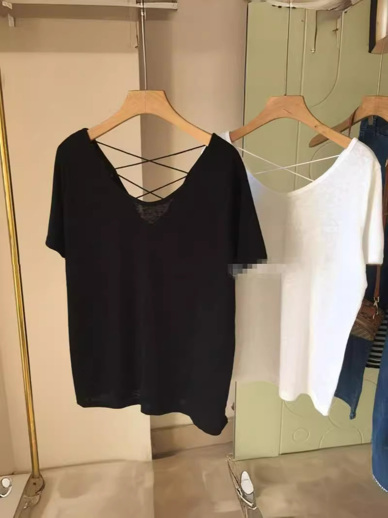 Hollow Scheming Backless top Pure Cotton Fat mm Covering the Flesh Loose Slimming Look Large Size Short-sleeved t-shirt Women's Design ins trend