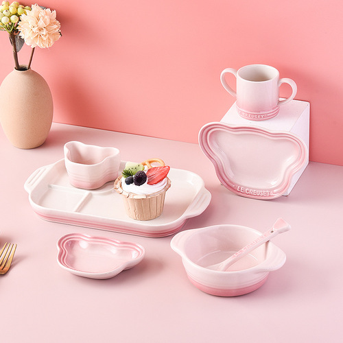 Cool Color LE CREUSET Children's Tableware 7-Piece Set Baby Pink and Blue Household Child Single Use