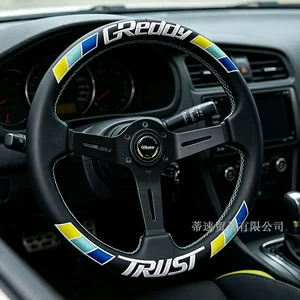 Factory direct sale GREDDY modified 14inch genuine leather steering wheel, personalized universal concave three-color stripe embroidered steering wheel