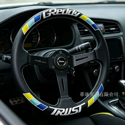 Factory direct sale GREDDY modified 14inch genuine leather steering wheel, personalized universal concave three-color stripe embroidered steering wheel