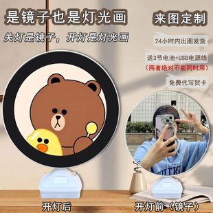 Popular round mirror cartoon cute brown bear Keni rabbit Sally duck creative children's room atmosphere photo frame light painting