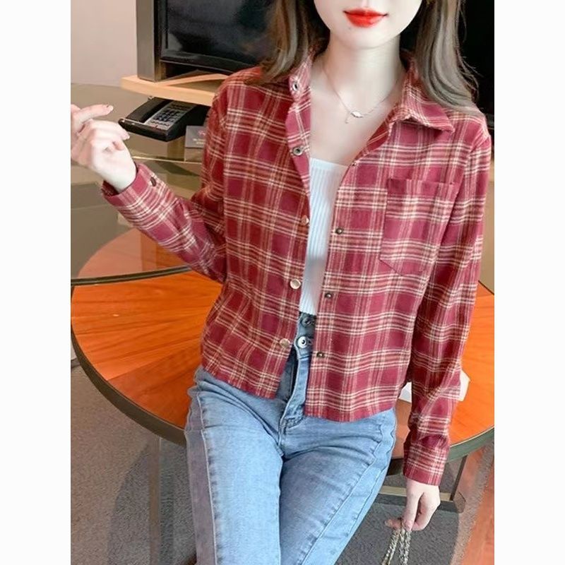 磨毛格子衬衫女款外套小个子春秋2025新款设计感小众复古短款衬衣|undefined