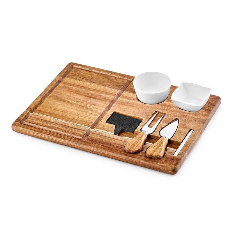 Tabla de cortar de madera tablero de pizza de carne doméstica tabla de cortar multifuncional con cuchillo y tenedor tazón de inmersión bandeja de madera tablero de postre de frutas