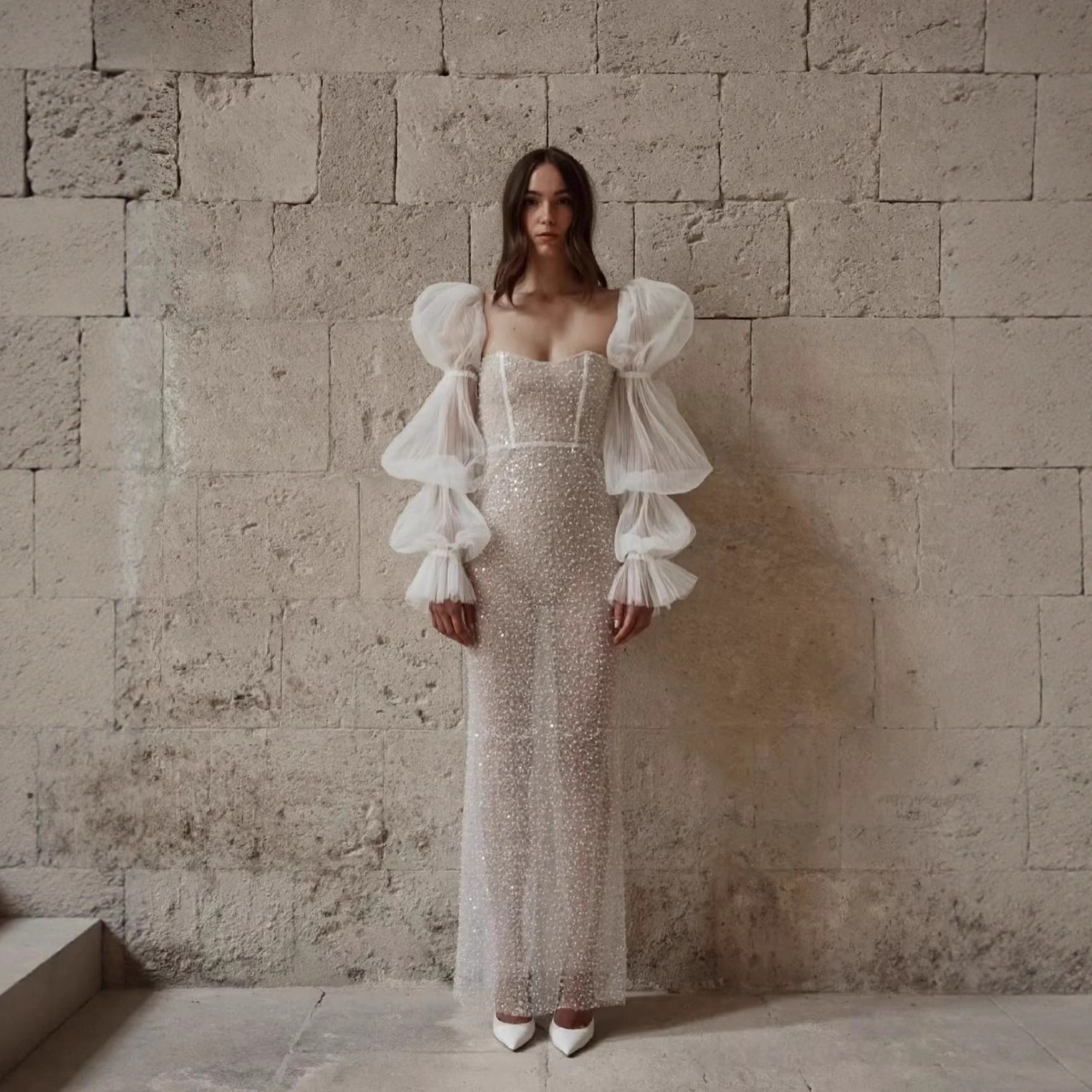 欧美新娘网纱泡泡袖长裙抹胸珠绣婚纱摄影写真拍照私服气质性感透