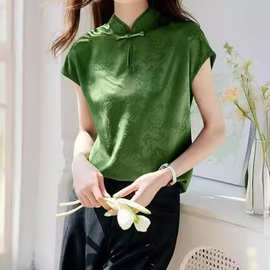 新中式盘扣T恤女短袖夏装2024年新款中国风绿色体恤衫设计感上衣