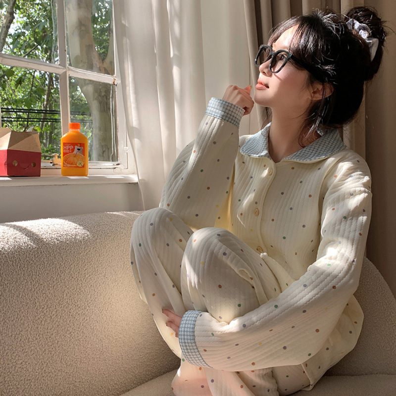 2024 새로운 가을과 겨울 코튼 따뜻한 잠옷 여성용 달콤한 컬러 폴카 닷 긴 소매 세트 두꺼운 따뜻한 집 옷