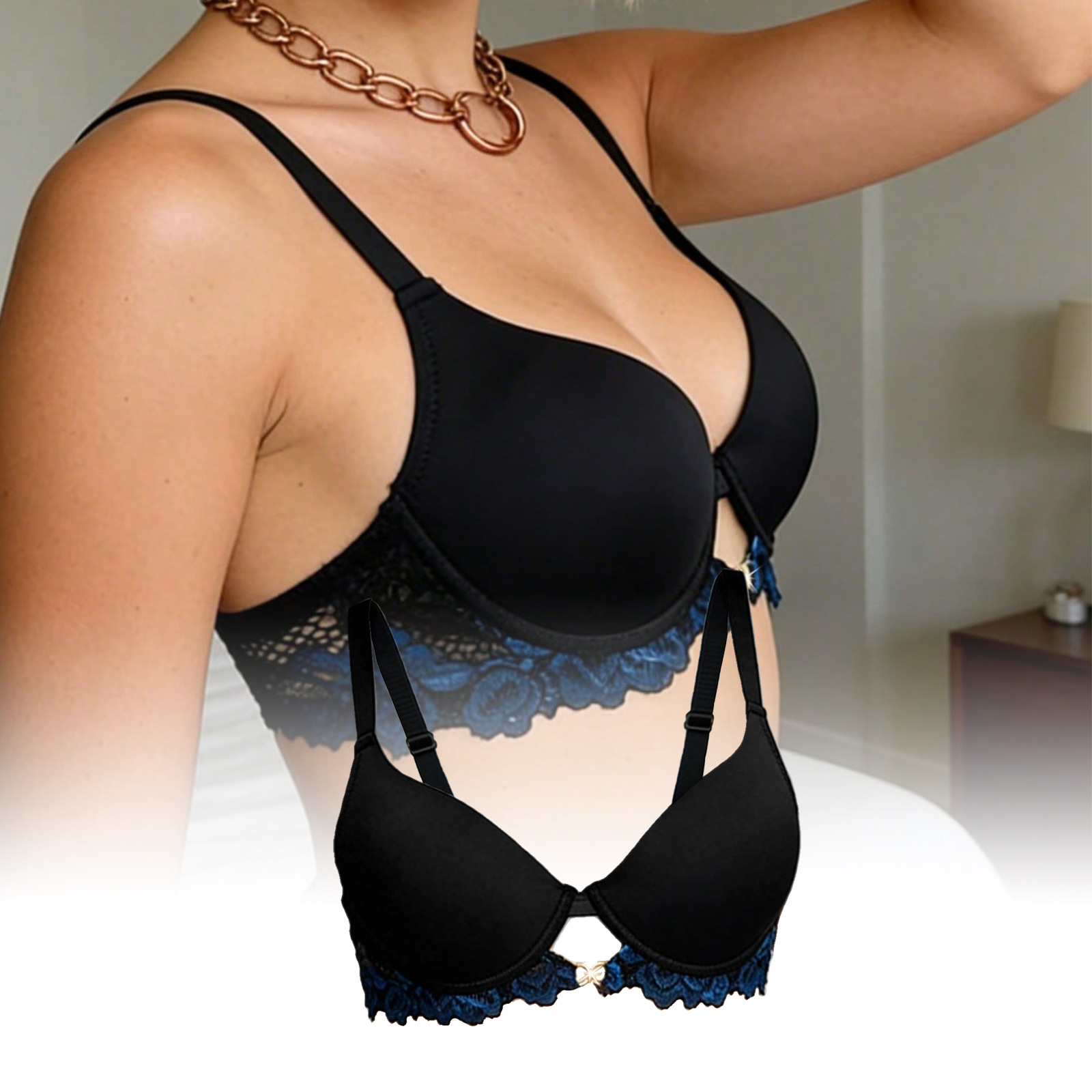 Zeriluna V领镂空蕾丝聚拢内衣 柔软舒适亲肤V领性感聚拢时尚内衣