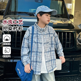 2025 Spring New Style Washed Tie-Dye Plaid Shirt for Boys Pure Cotton Panda Yuanyuan Children's Casual Outer Shirt