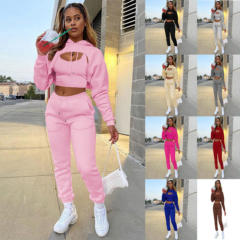 2022 European and American Fashion Women's Velvet Drawstring Pure Color Hooded Sweatshirt Long-Sleeved Drawstring Pants Vest Three-Piece Suit