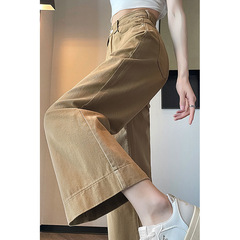 カーキ色のズボンの広い足のジーパンの春夏の新型の女性は高腰のカジュアルでゆったりしていて、やせている9分のおばあさんのズボンを現します。