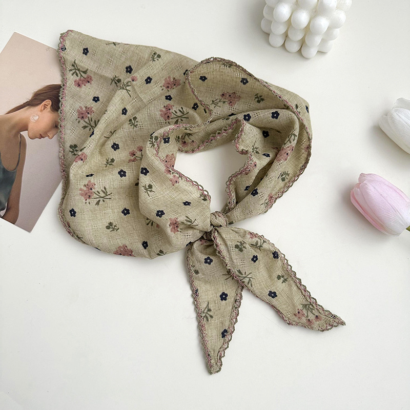 Pastoral viento de flores de encaje triángulo turbante de mujer de verano retrógrado francés de playa bufandas de seda protector solar correa de pelo