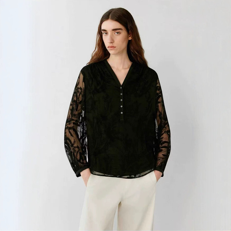 Xiaohe Women's Clothing 2026 Summer New Commuter Simple Hollow Embroidery Loose Versatile Long Sleeve Floral V-Neck Shirt Xiaohe Women's Clothing 2026 Summer New Commuter Simple Hollow Embroidery Loose Versatile Long Sleeve Floral V-Neck Shirt