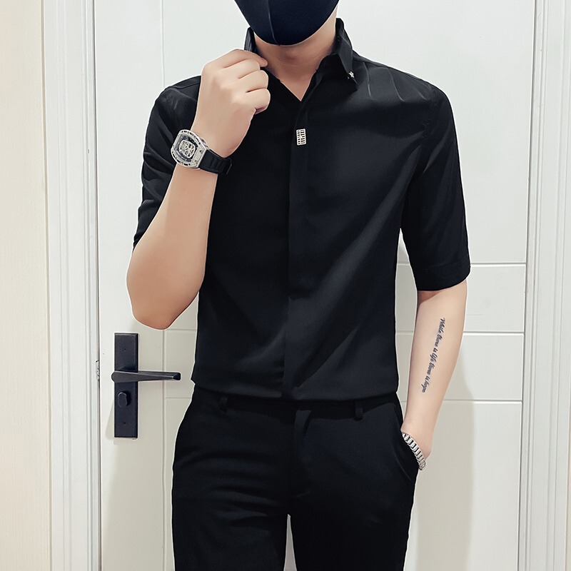Korean Style High-End Three-Quarter Sleeve Shirt Matching Suit Summer Thin Men's Shirt Ice Silk Slim Yuppie Shirt