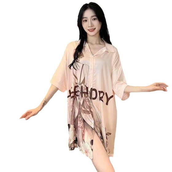 High-end Romantic Girl Internet-famous Ice Silk Nightdress Women's 2024 New Short-sleeved Outer Shirt Dress Home Clothes suit