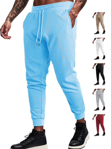 Men's European and American Cross-border Summer Sports Casual Loose Breathable Solid Color Checkerboard Tied Rope Long Pants Leisure Pants